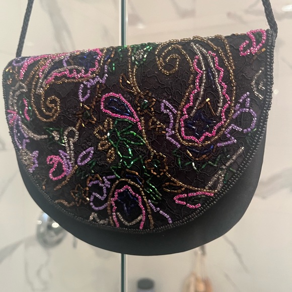 Vintage nicer 🧡quality gala evening bag black satin with jewel tone beading🖤💚 - Picture 14 of 16